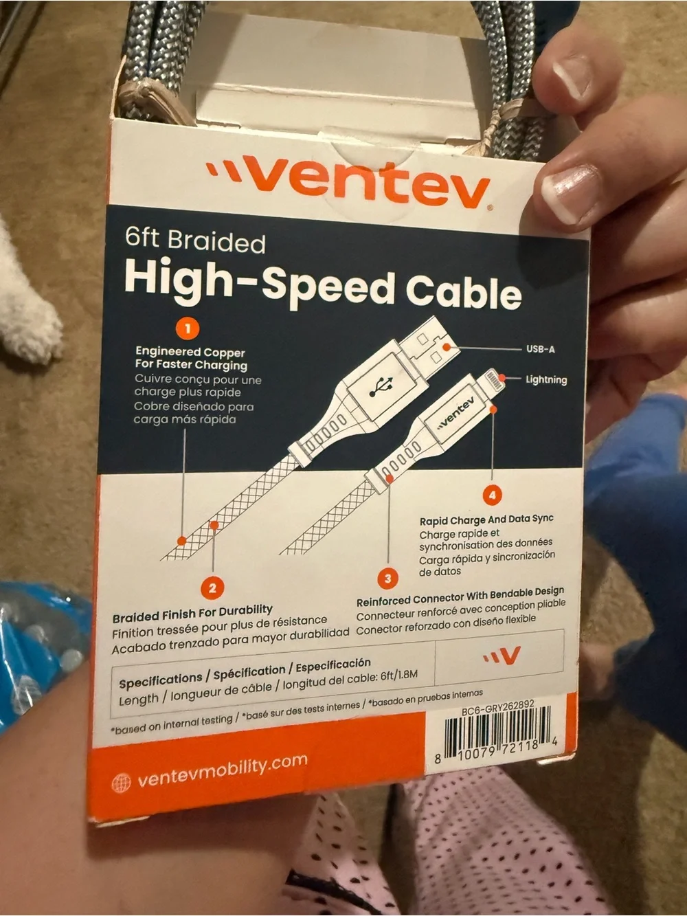 6ft Braided High-Speed Lightning to USB-A Cable — Orange